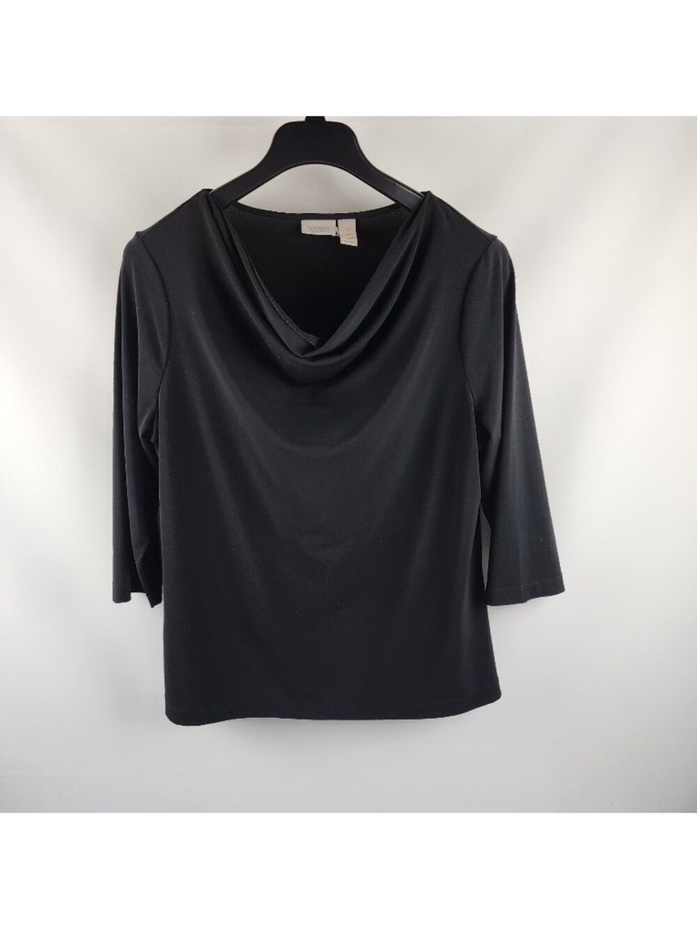 Chicos Blouse Womens 2=Large Black Easywear Knit Draped Cowl Neck 3/4 Sleeve Top